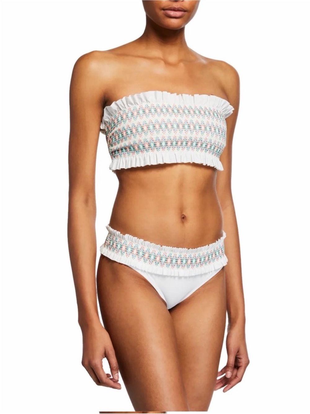 Tory Burch 2 piece White Smocked swim bathing Bikini set large top Medium bottom